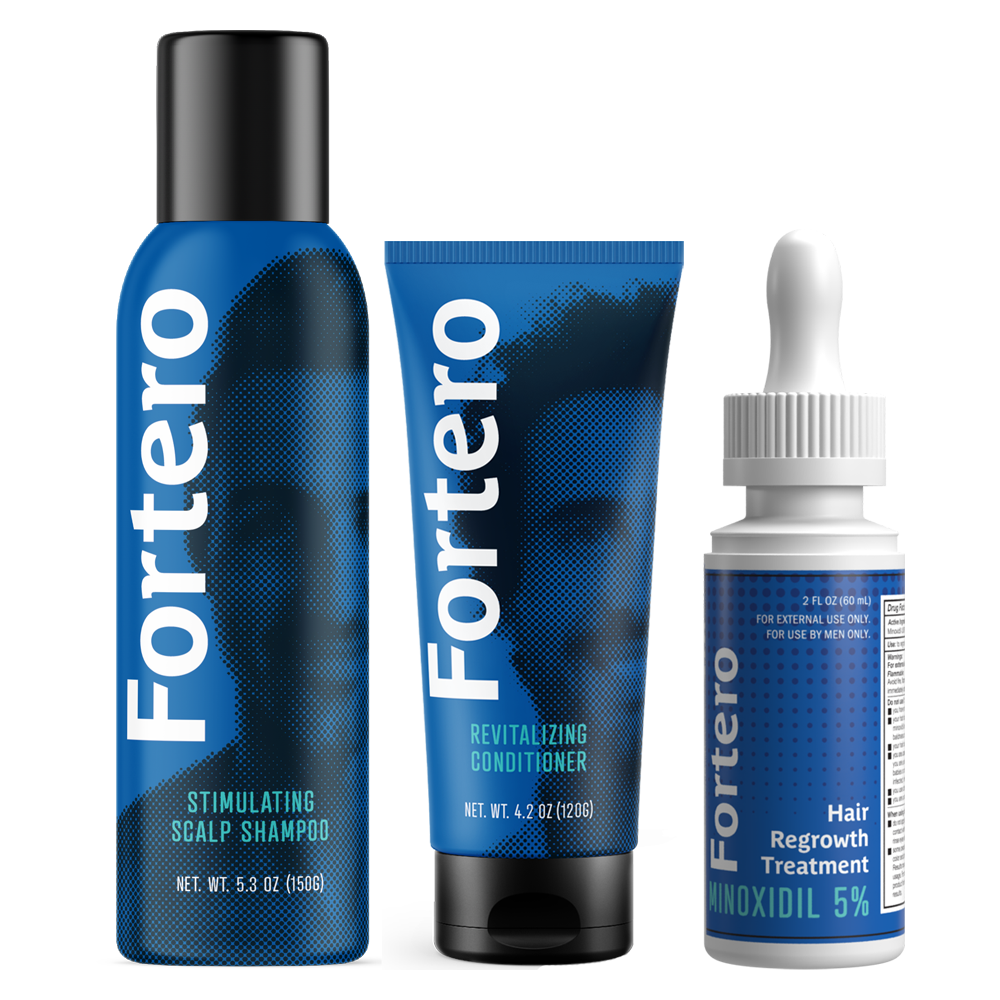 Fortero Thick Fix Hair Loss and Regrowth Kit - Carbonic Acid Shampoo + Conditioner + 5% Minoxidil Hair Restoration System for Men - Extract Hair Restoring & Moisturizing Hair Treatment, 3 Piece Set